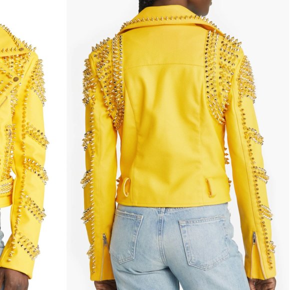 Callie Lives Stasia Dreamin: Azalea Wang Yellow Winter Gold Spiked Moto Jacket L - Picture 6 of 7
